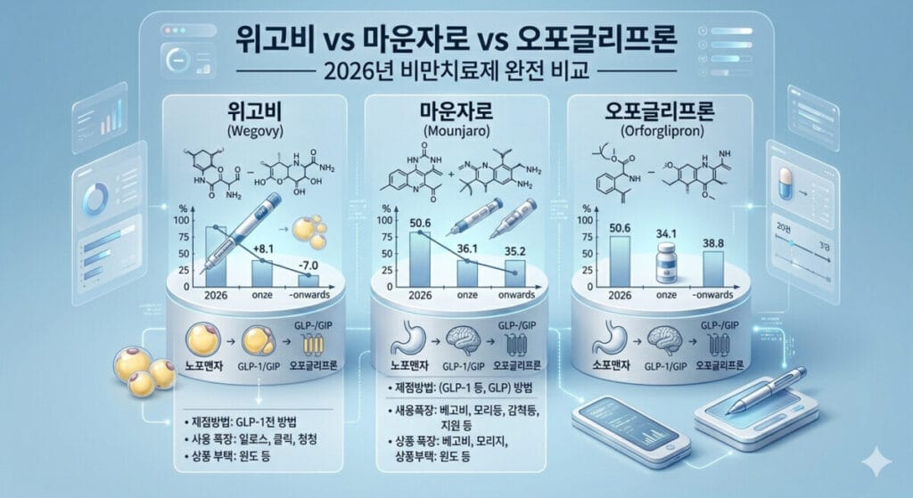 위고비 vs 마운자로 vs 오포글리프론
— 3가지 비만치료제 완전 비교주사제부터 먹는 약까지, 2026년 최신 정보로 정리한 비만치료제 선택 가이드