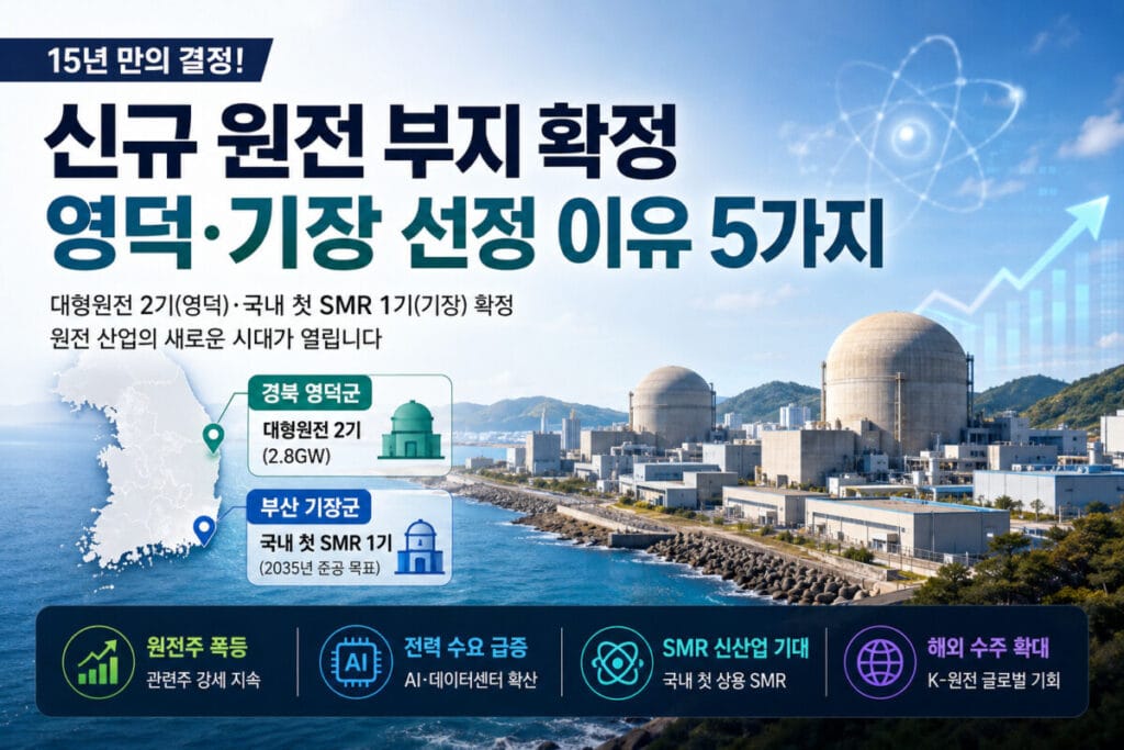 한국수력원자력이 신규 원전 부지로 경북 영덕군과 부산 기장군을 최종 확정하면서 관련 종목들이 일제히 강세를 보이고 있습니다. 대형원전과 차세대 SMR이 들어설 두 지역의 선정 배경과 원전주 급등 이유, 남은 과제와 투자 유의사항까지 핵심만 모아 쉽고 친절하게 정리해드립니다.